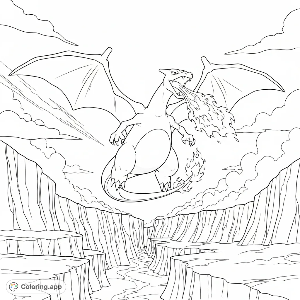 Witness Charizard soaring majestically through a rugged volcanic canyon, wings extended, as flames erupt from its maw. A dynamic scene of power!