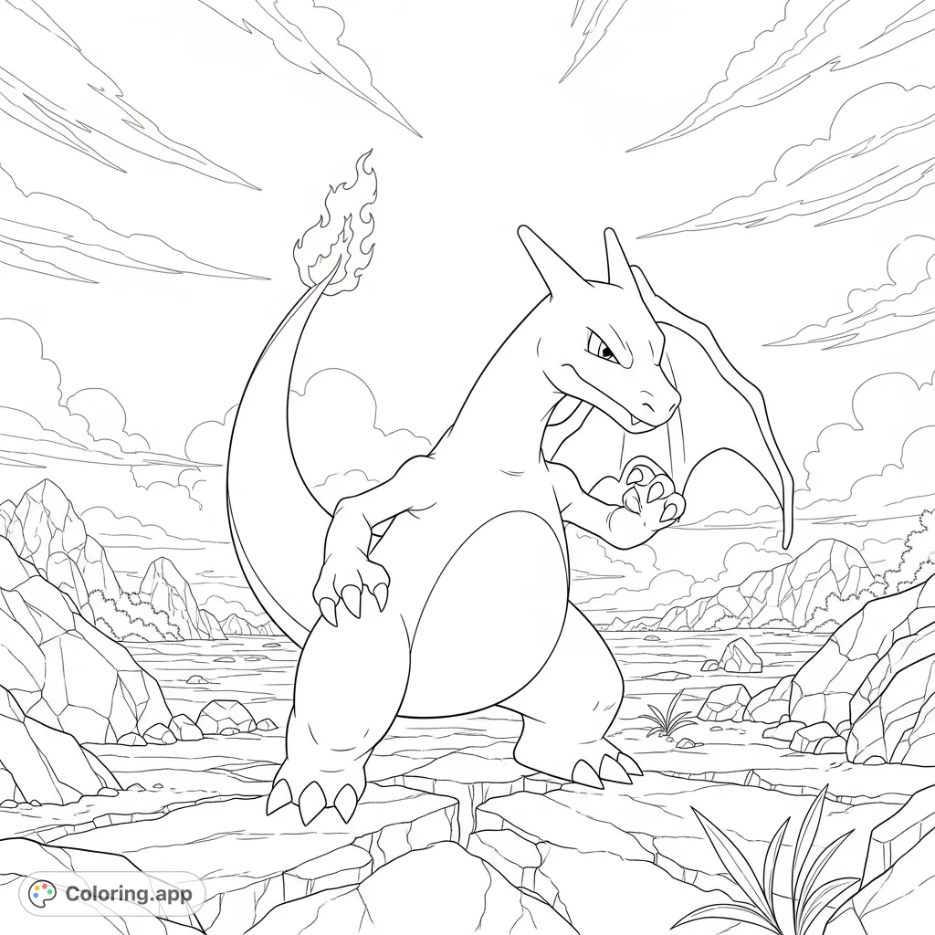 Capture the powerful presence of Charizard on a desolate, rocky battlefield, ready for action under a vast sky. A dynamic creature coloring page.