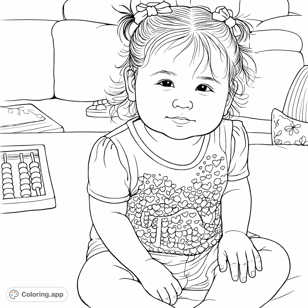An adorable baby with pigtails and a heart-patterned shirt sits playfully next to an abacus, offering a charming scene for coloring.