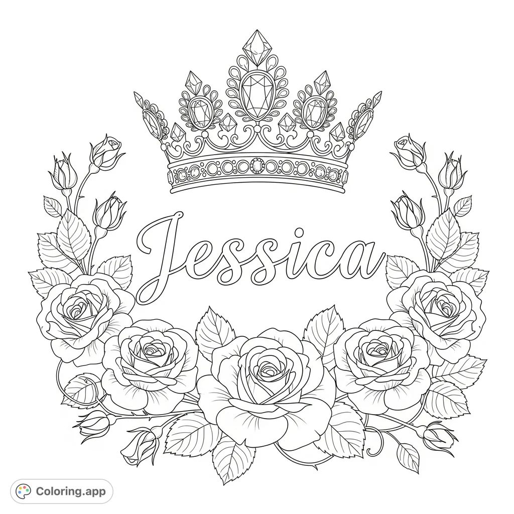 A beautiful coloring page featuring the name Jessica adorned with elegant roses and a regal crown, perfect for personalization and celebrating a special name.