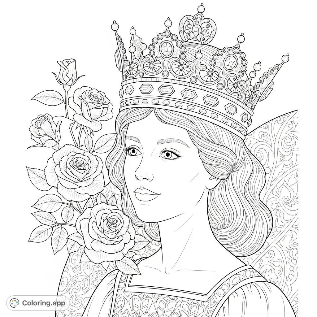 An elegant renaissance coloring page featuring a regal Jessica adorned with an intricate crown and beautiful roses. Perfect for creative expression.