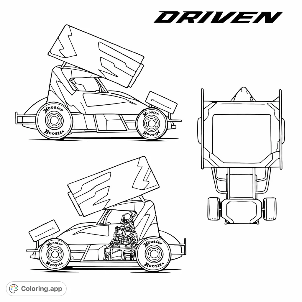 Explore the powerful design of a sprint car from multiple angles. This intricate coloring page features detailed side and top views of a race machine.