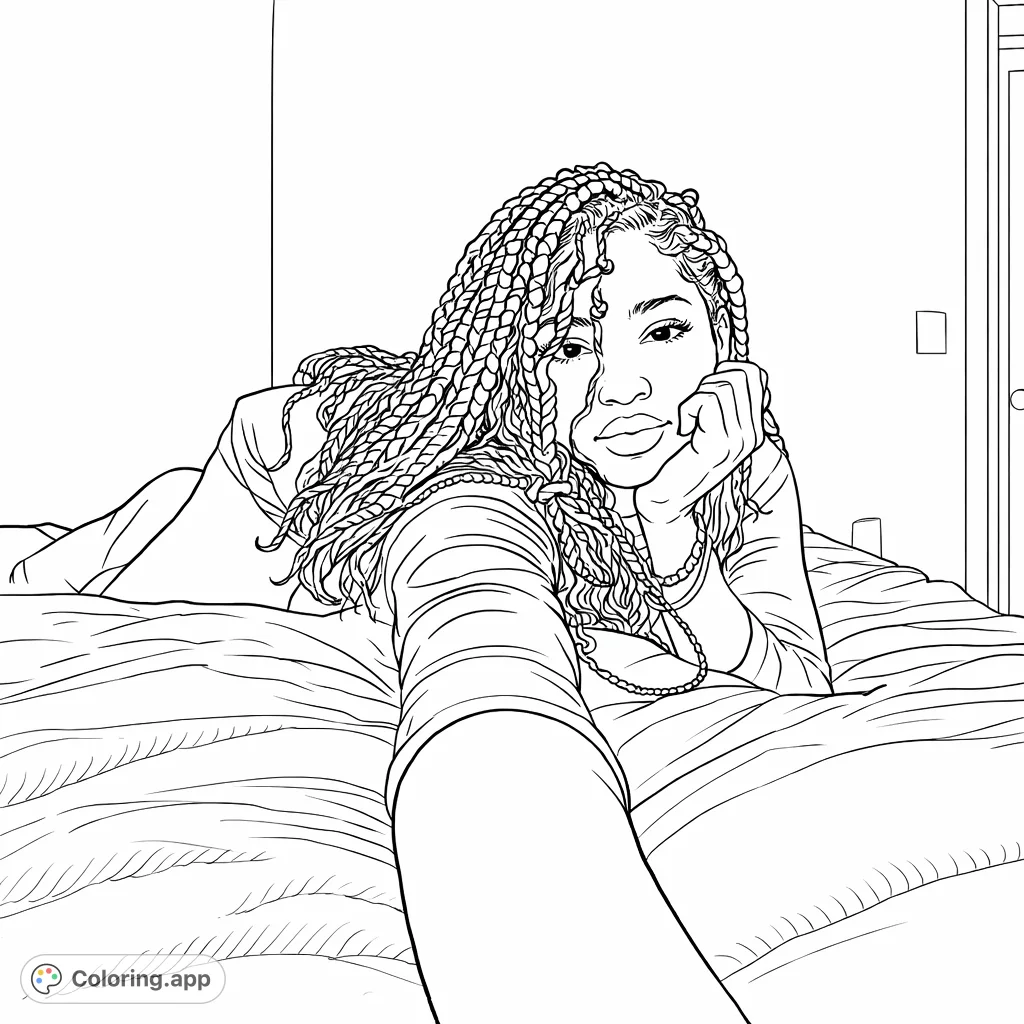 Capture a moment of quiet reflection with this alluring portrait. A person with intricate braids reclines on a textured bed, lost in thought.