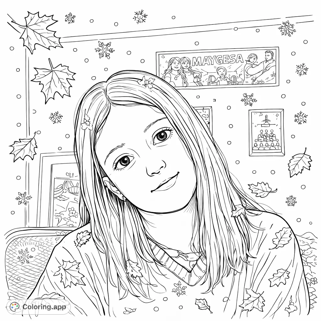 A thoughtful winter portrait coloring page of a young person, perfect for creative expression. Features a cozy indoor scene with subtle seasonal touches.