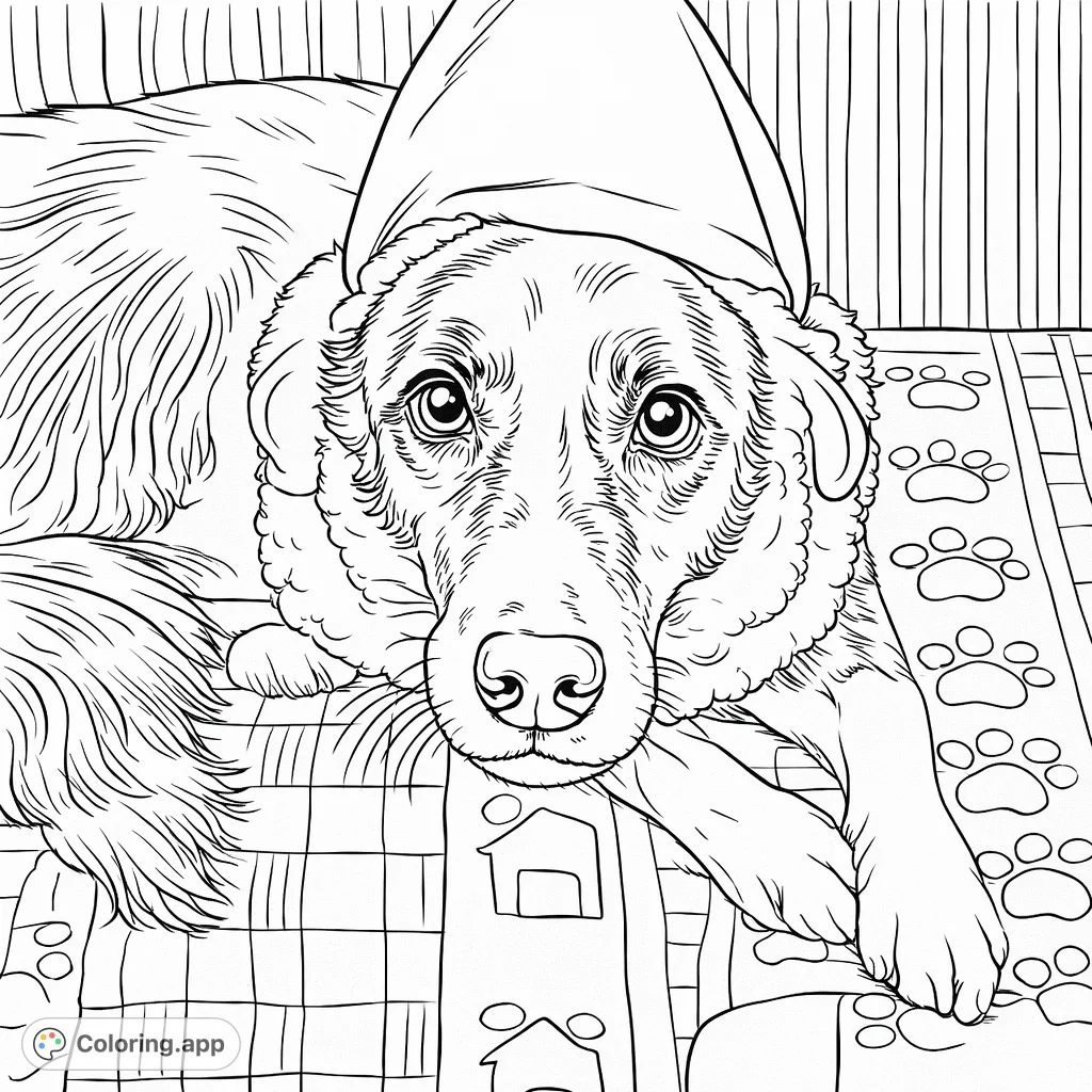 A charming dog wearing a whimsical hat and cozy earmuffs rests on a patterned blanket, ready for creative coloring. A delightful scene for pet lovers!