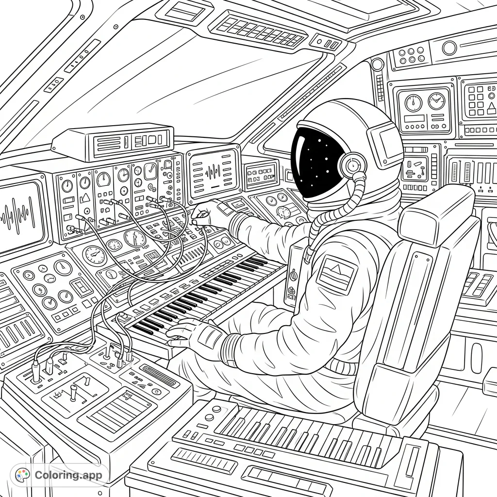A synthwave musician astronaut composes music within a retro futuristic spaceship cockpit, actively patching wires and pressing keys on a futuristic synthesizer.