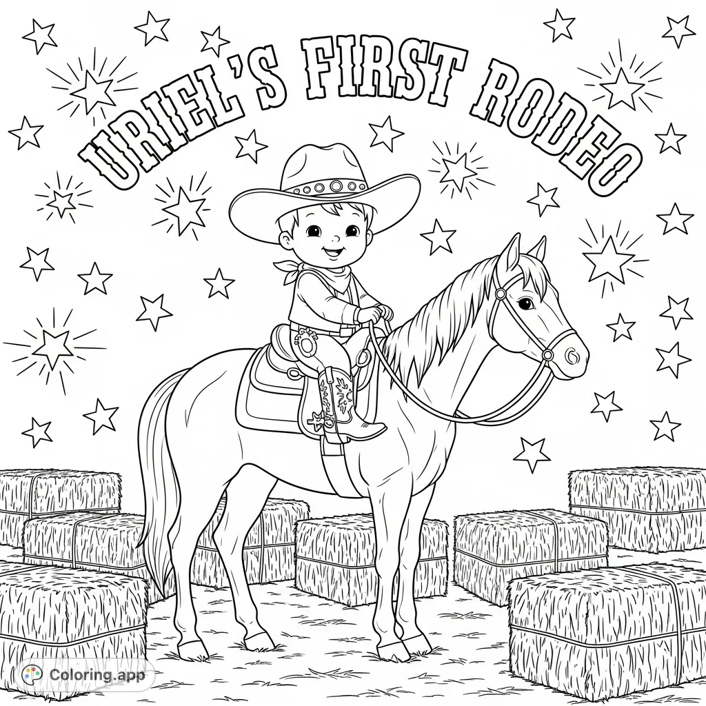 Celebrate a special milestone with this adorable baby cowboy on his gentle horse, surrounded by hay bales and twinkling stars. Features 'URIEL’S FIRST RODEO' text.