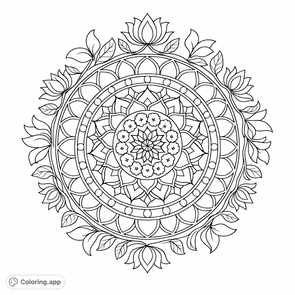 An intricate circular mandala featuring concentric patterns, floral motifs, and a border of stylized flowers, perfect for detailed coloring.