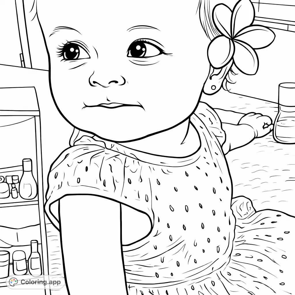Capture the sweet innocence of an infant with a flower adornment and playful expression in this charming baby coloring page.