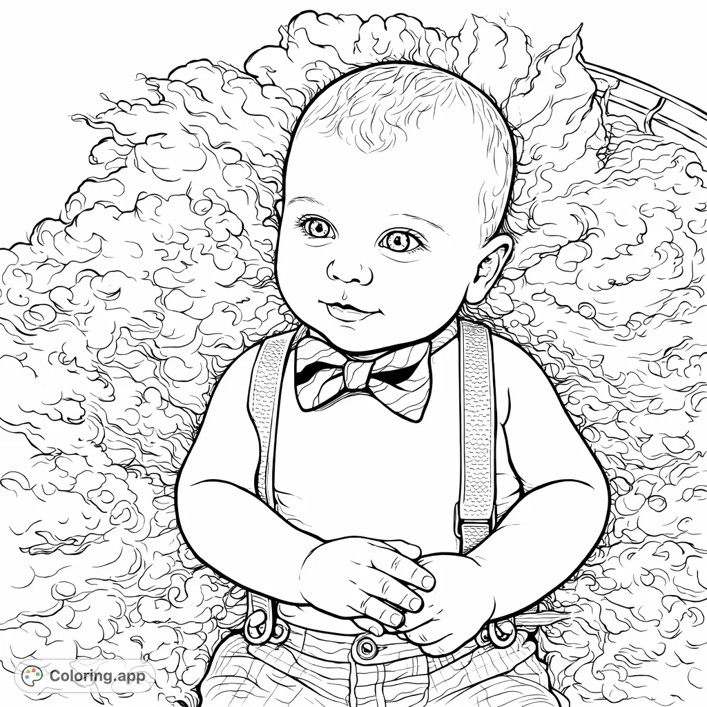 Capture the charm of a sweet baby in a dapper bowtie and suspenders, nestled in a soft, fluffy setting. A delightful baby coloring page for all ages.