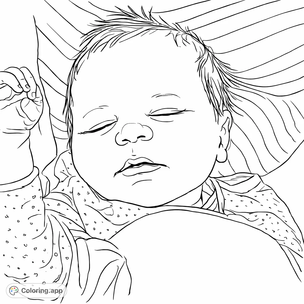 A tender coloring page featuring a peaceful newborn baby sleeping soundly amidst soft blankets and subtle patterns. Perfect for quiet artistic reflection.