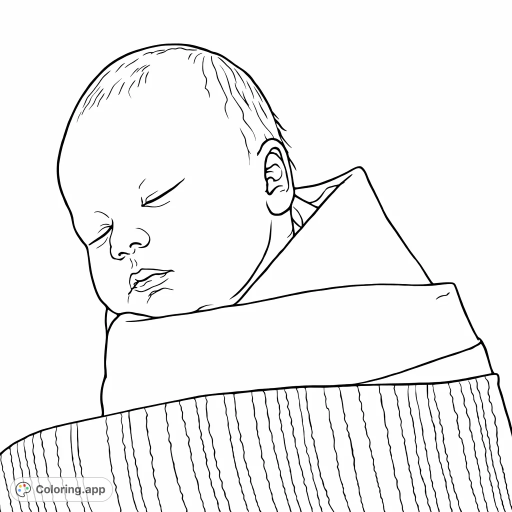 A tender newborn baby rests peacefully, gently swaddled in soft fabric and tucked into a striped blanket. A heartwarming scene perfect for celebrating new life.