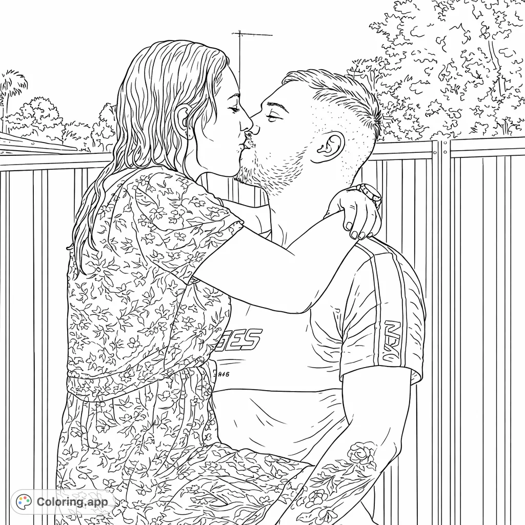 Capture a tender moment with this romantic couple kissing coloring page. A detailed scene with intricate patterns, perfect for expressing affection through art.