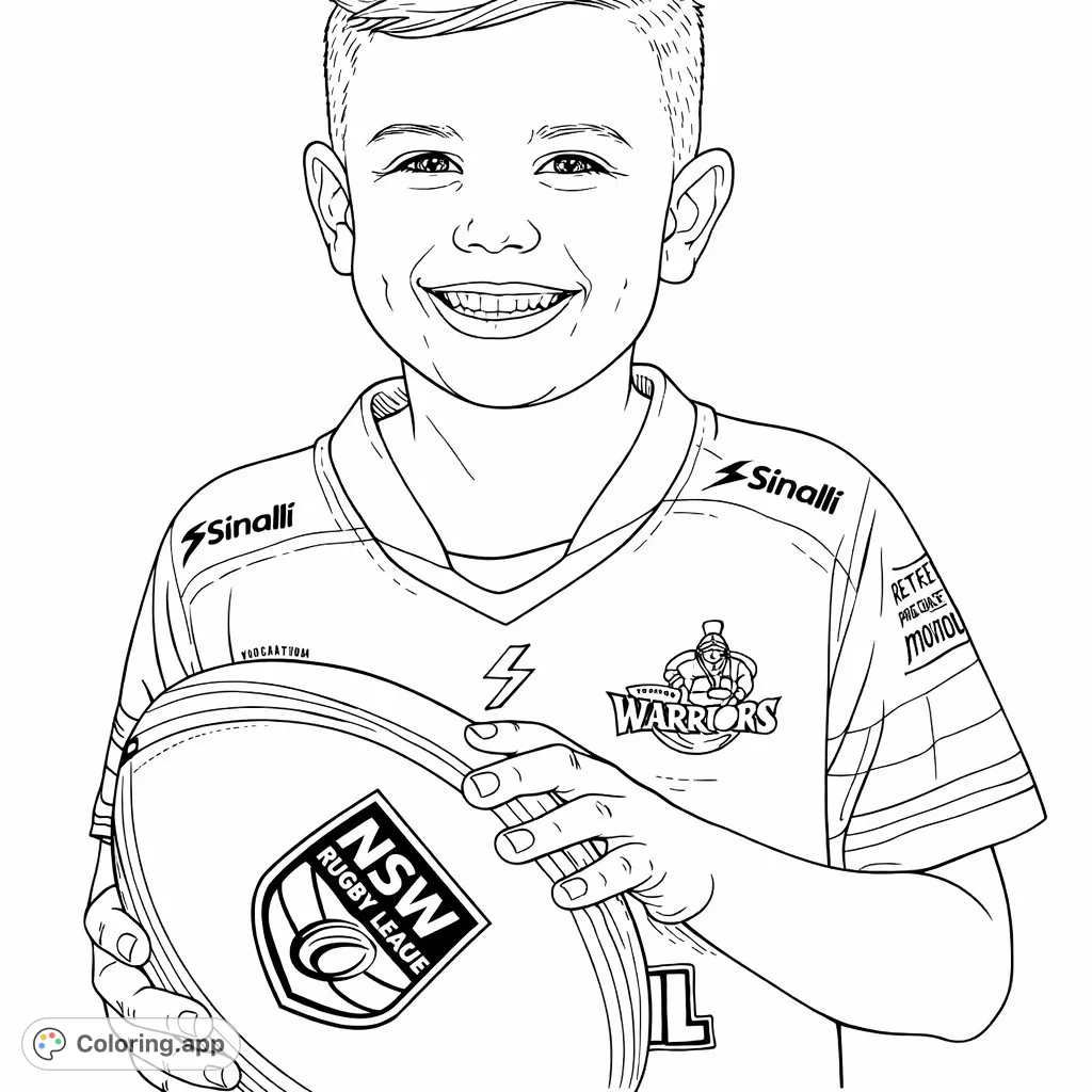 A cheerful young boy in a rugby jersey holds a detailed rugby ball, ready for coloring. Perfect for sports enthusiasts and aspiring athletes!