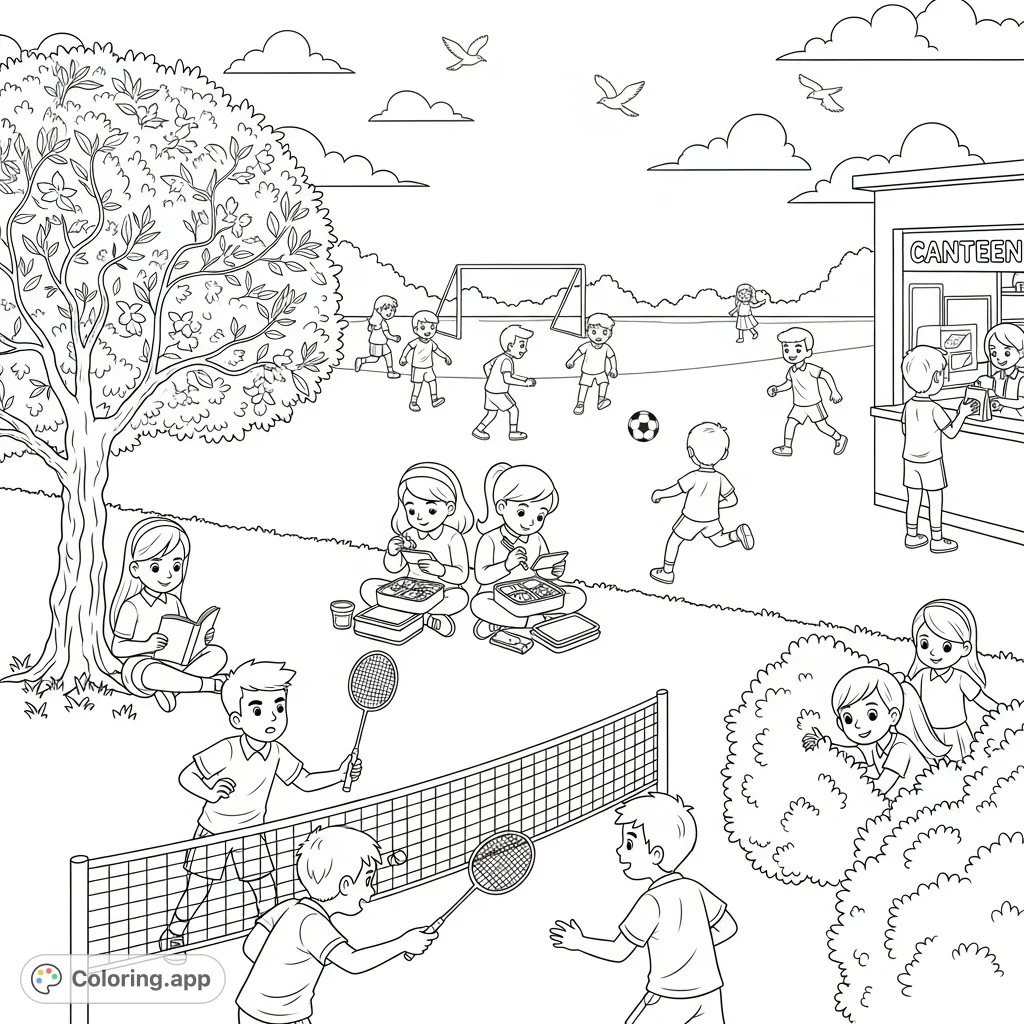 Discover a dynamic school environment coloring page featuring children playing badminton, football, reading, and having lunch. Perfect for all ages!