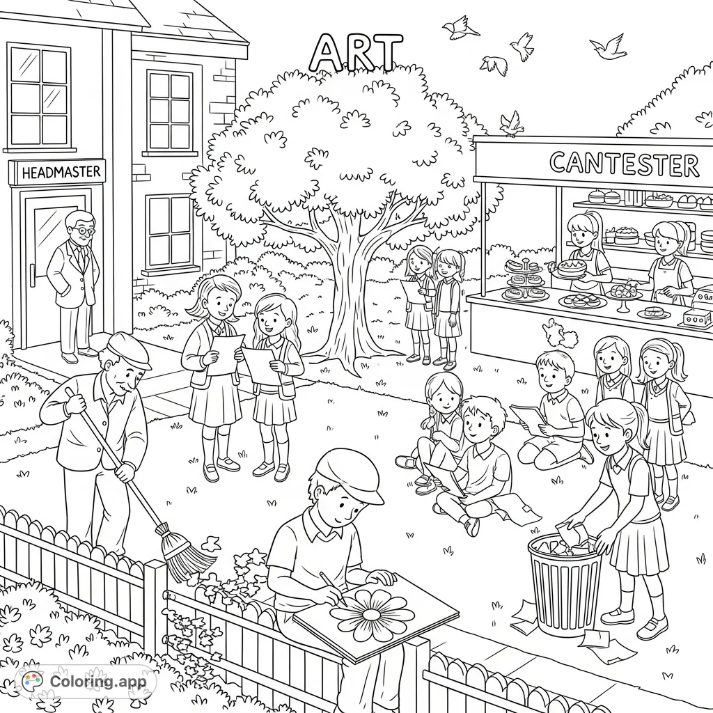 A lively schoolyard scene depicting various activities during an art day, with students drawing, reciting, and enjoying treats, all under the watchful eye of the headmaster.
