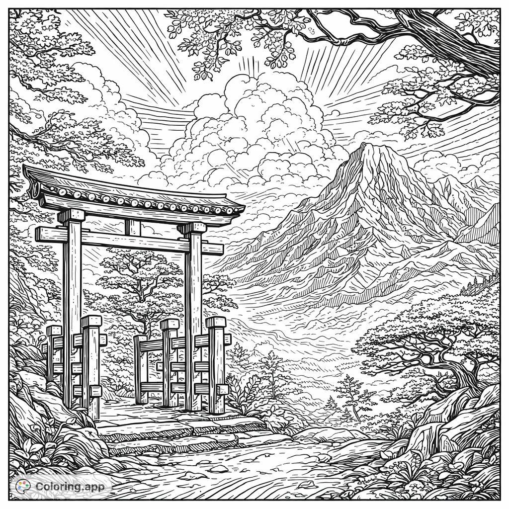 Discover a serene Japanese landscape coloring page, featuring a grand Torii gate, majestic mountains, and intricate foliage. Perfect for detailed coloring!