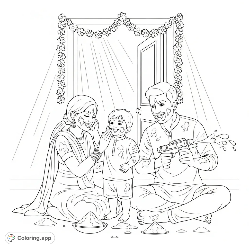 A heartwarming free printable Holi family coloring page featuring a mother, father, and child engaged in playful powder and water fun, perfect for festive joy.
