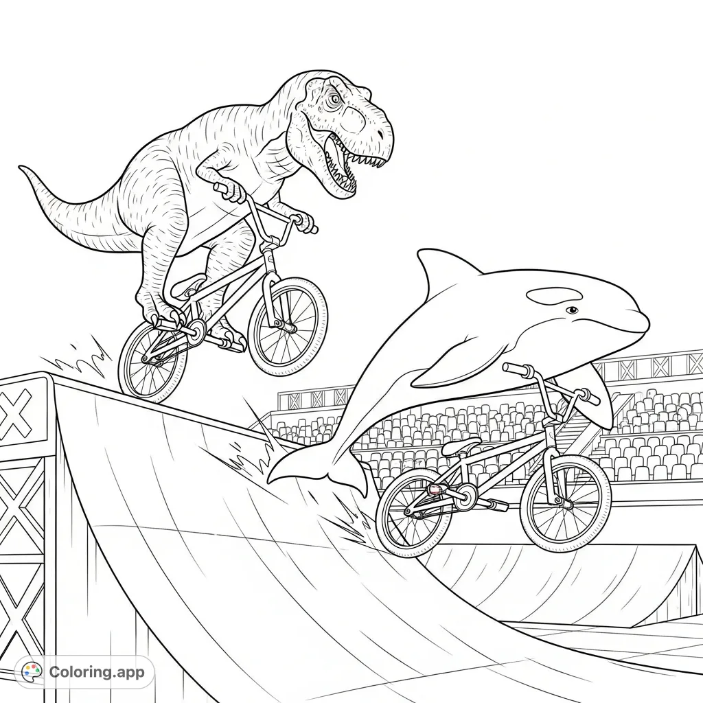 Witness an epic X-games showdown! A T-rex and killer whale defy expectations, riding BMX bikes through a dynamic half-pipe.