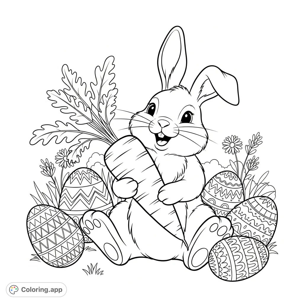 A delightful Easter scene featuring a happy bunny holding a carrot, surrounded by intricately patterned eggs, perfect for festive coloring pages for kids.