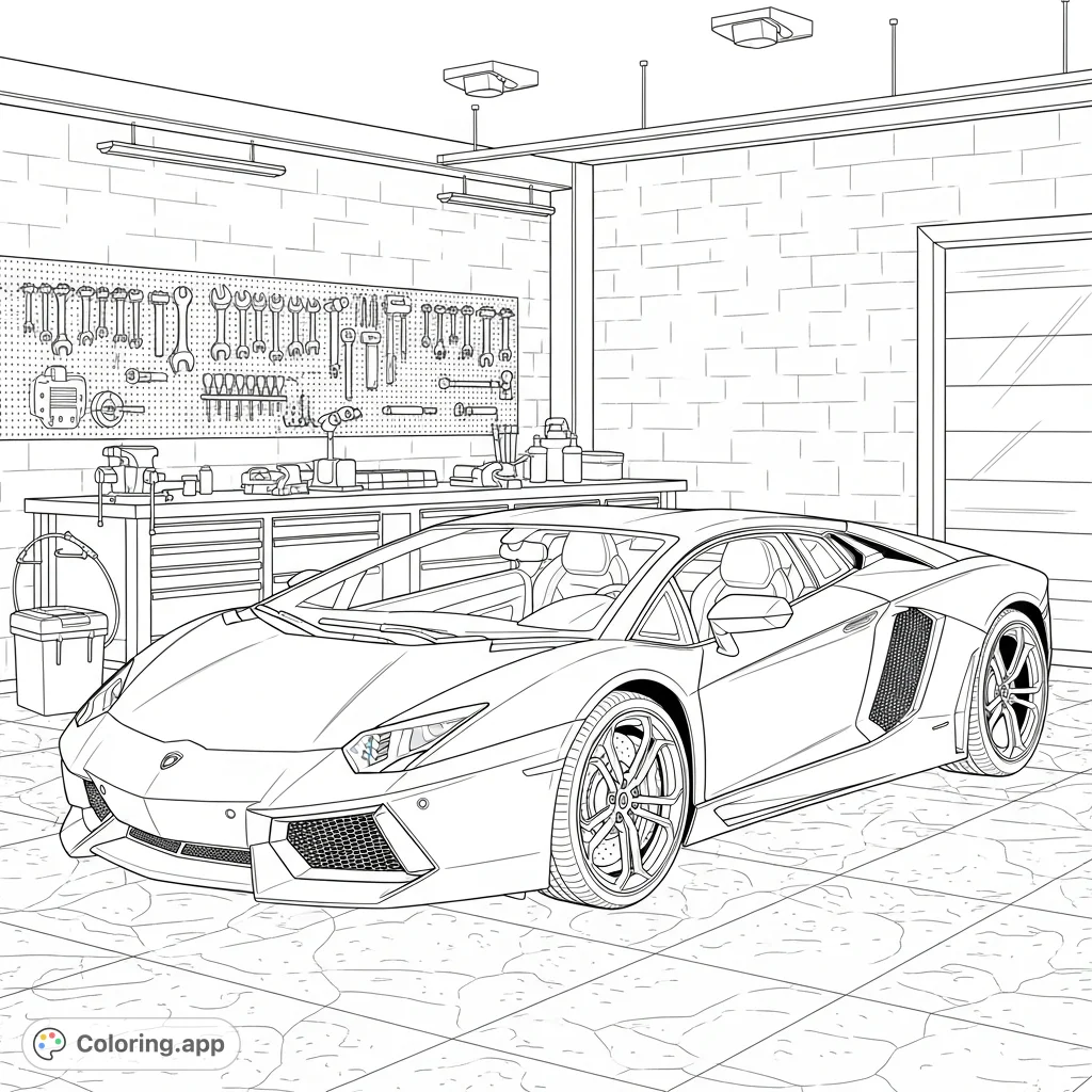 A sleek Lamborghini sits in a detailed garage, showcasing aerodynamic lines, intricate wheels, a workbench with tools, and textured walls. An exciting automotive coloring page.