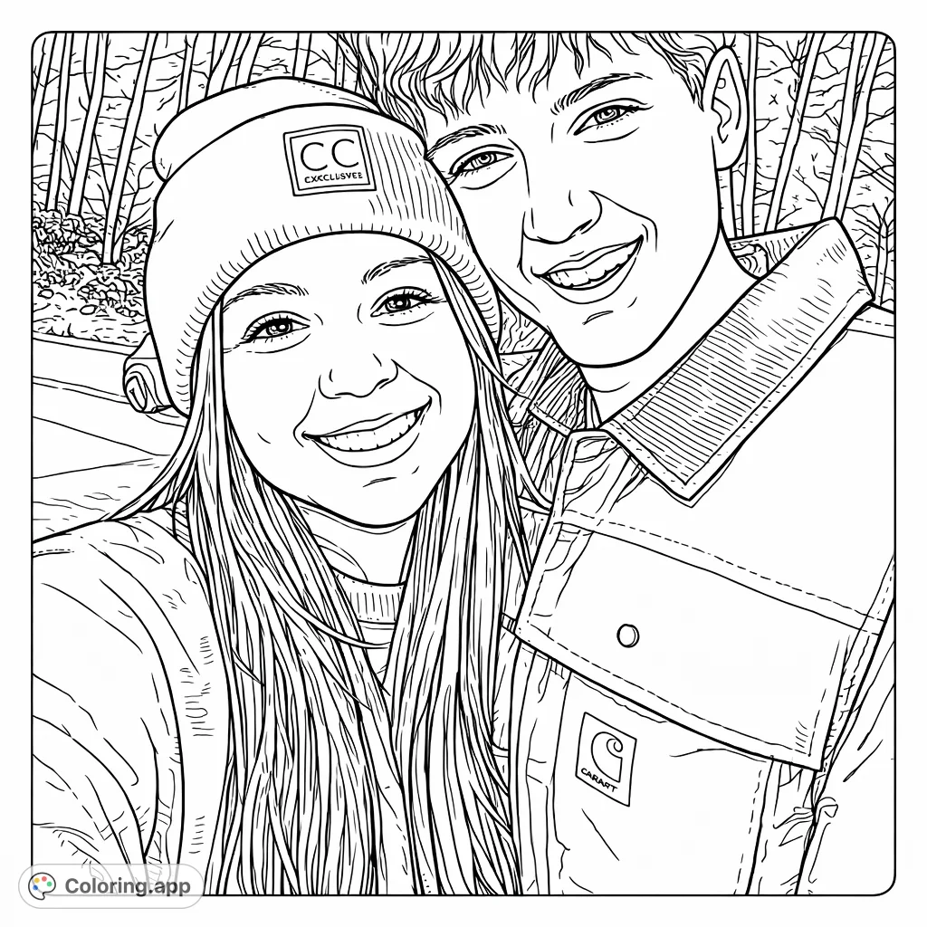 Capture a moment of outdoor joy with this coloring page featuring two smiling individuals. Perfect for personalizing a happy memory in any chosen palette.