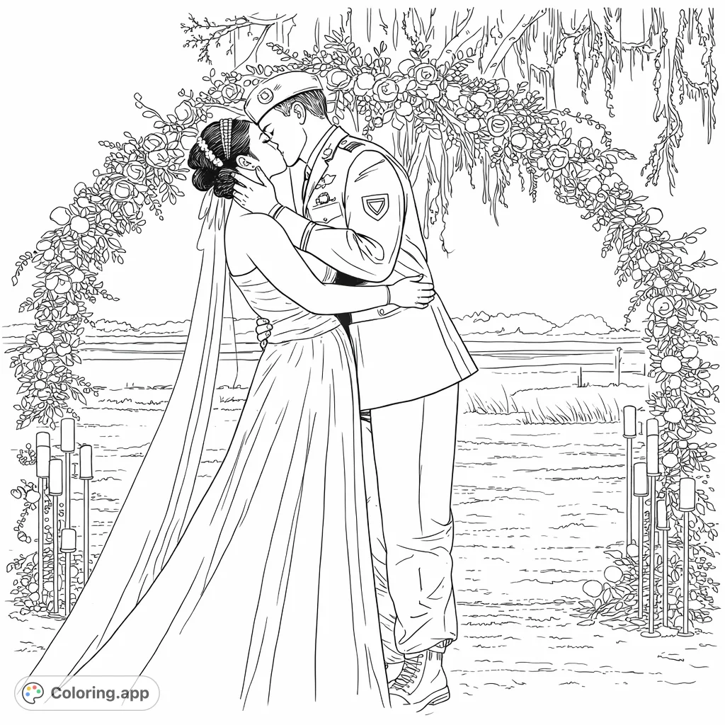 A romantic wedding coloring page featuring a couple in formal attire, including a military uniform, sharing a kiss under a beautifully decorated floral arch. Celebrate love!