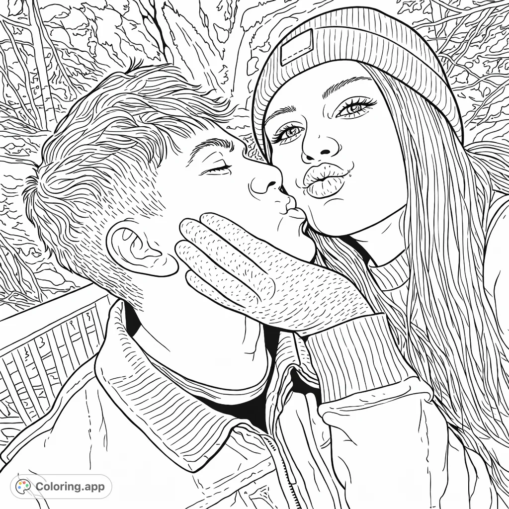 A heartwarming scene of a couple sharing a kiss near a majestic waterfall. Features intricate details of clothing and a serene natural backdrop for a relaxing coloring experience.