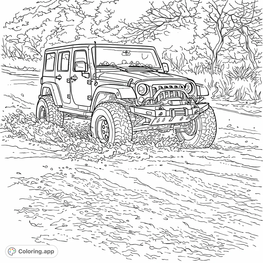 A powerful off-road vehicle splashes through a muddy trail, surrounded by wild nature. This detailed adventure coloring page is perfect for vehicle enthusiasts.