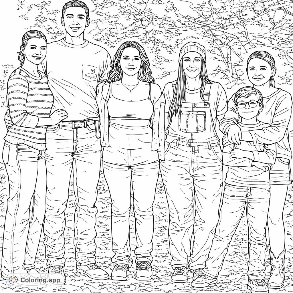 A heartfelt portrait featuring six individuals of varying ages standing together in a natural, wooded setting, ready for your personal touch.