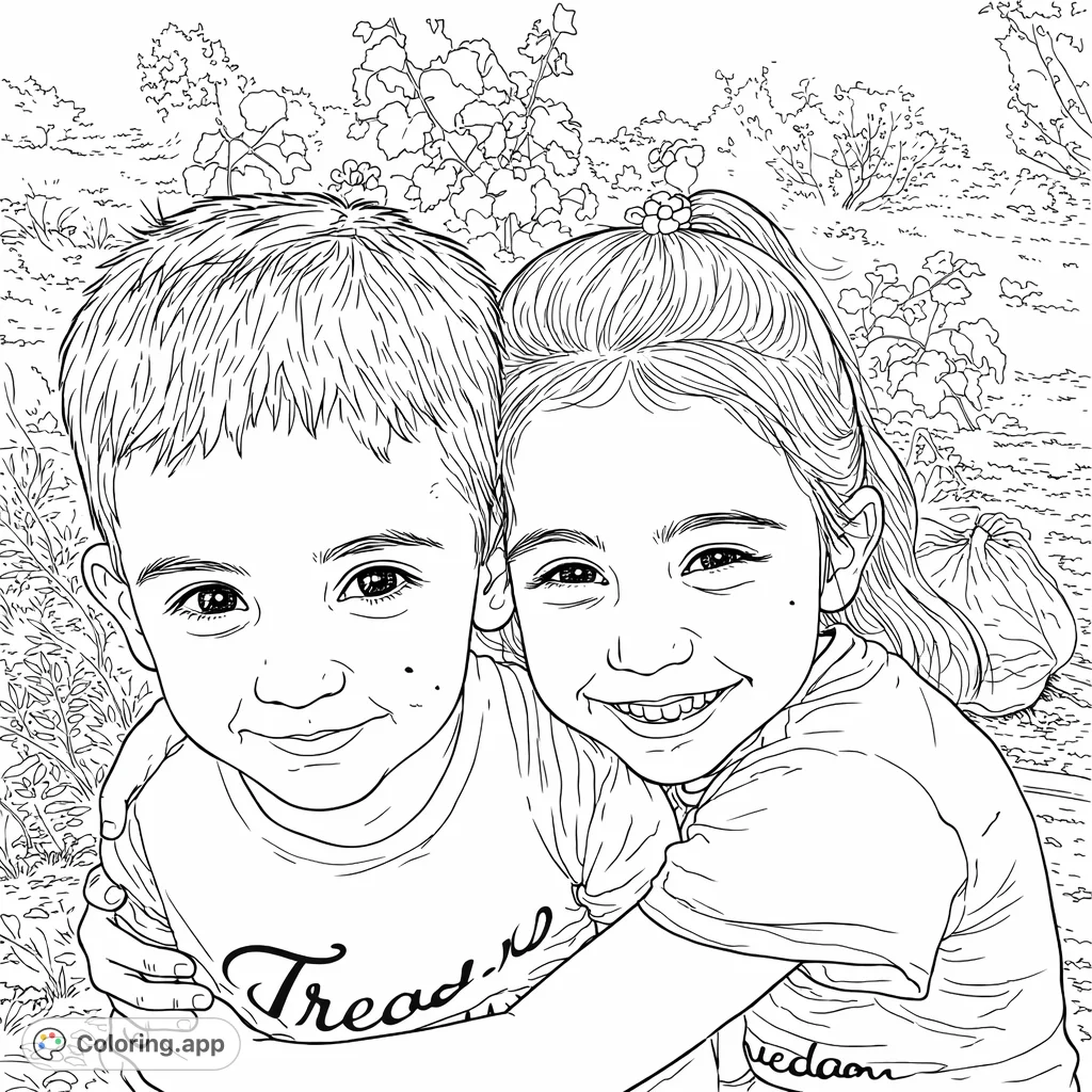 A heartwarming coloring page featuring two smiling children in a close embrace. Perfect for capturing moments of family affection and outdoor play.