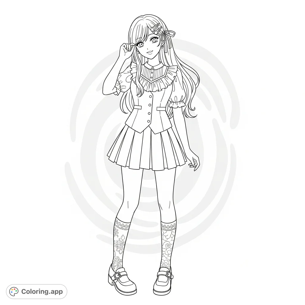 A charming anime girl showcasing trendy fashion, featuring detailed clothing, intricate hair, and a sweet expression, perfect for creative coloring.