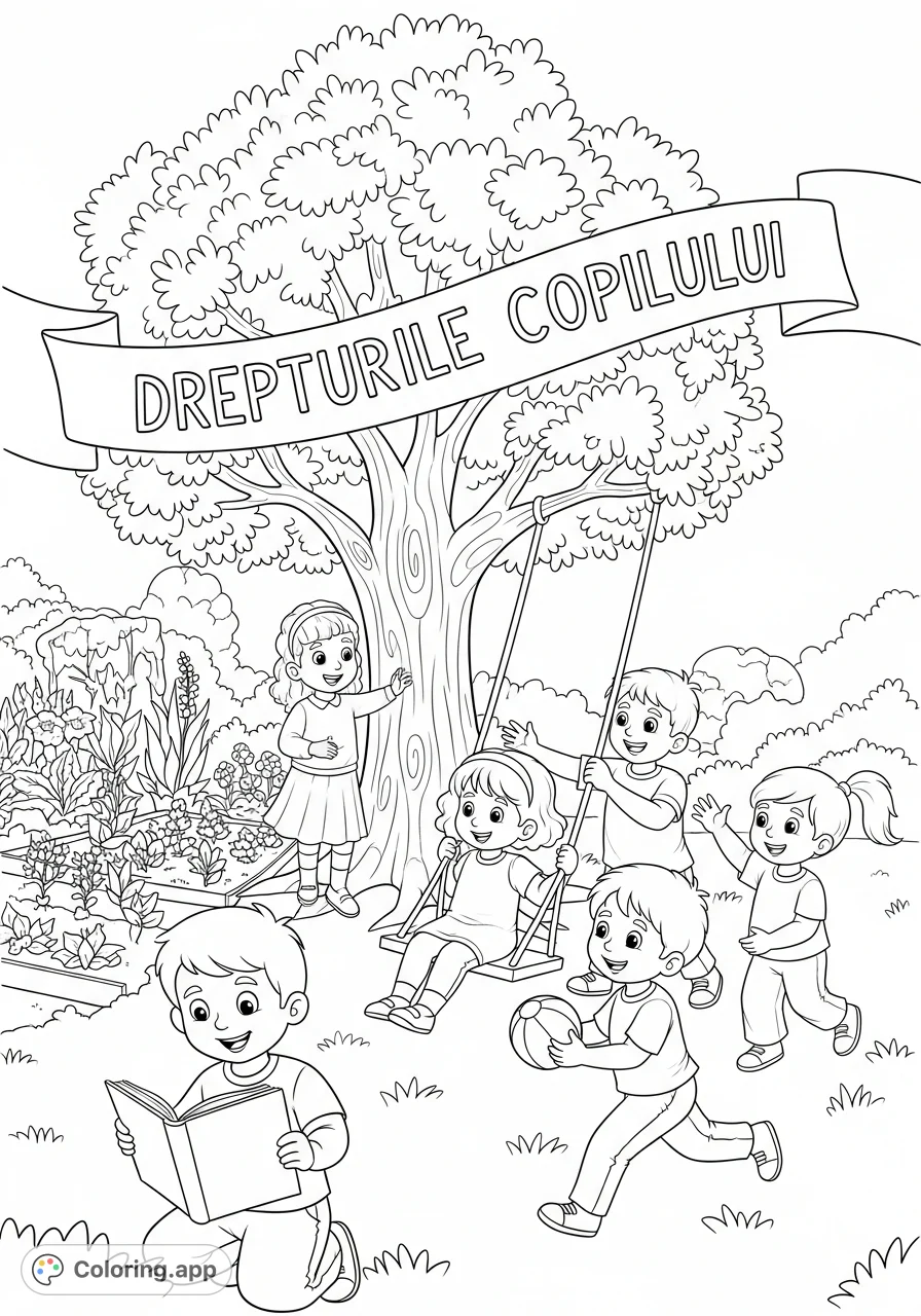A vibrant scene illustrating child rights with diverse children playing, learning, and thriving outdoors. Features a 'DREPTURILE COPILULUI' banner.
