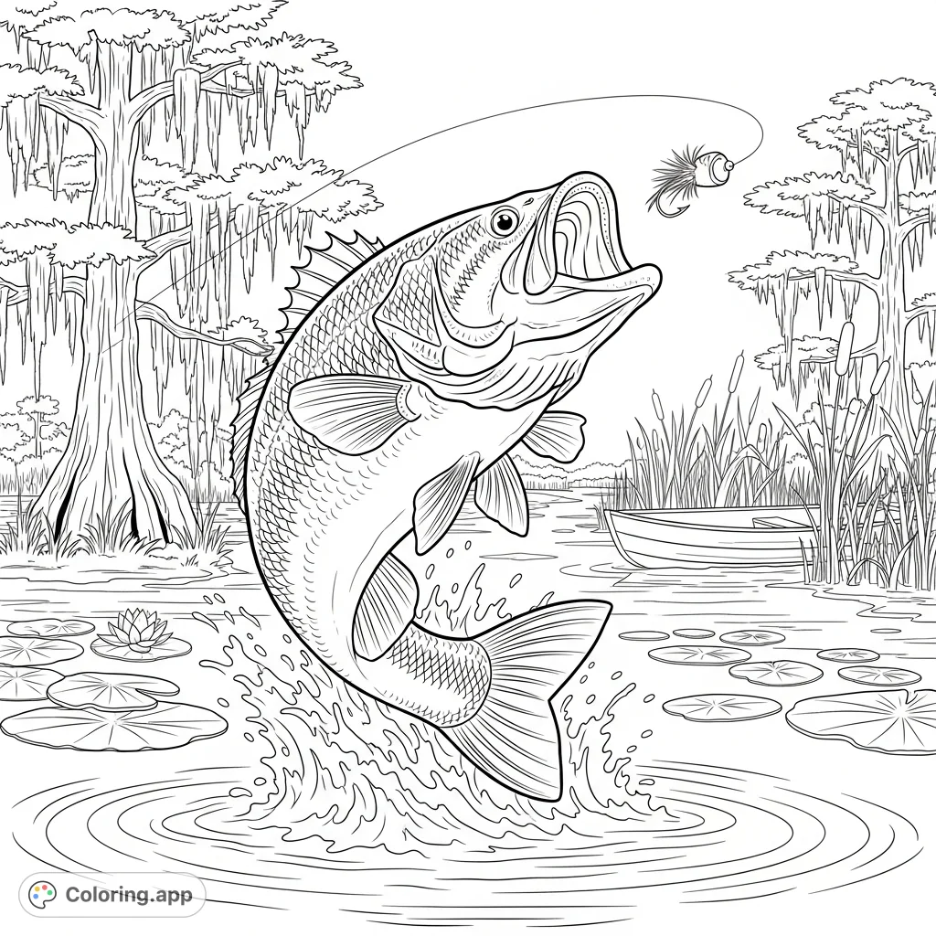 Capture the thrill of a largemouth bass leaping from a tranquil Florida river, striking a popper fly amidst cypress trees and lily pads.