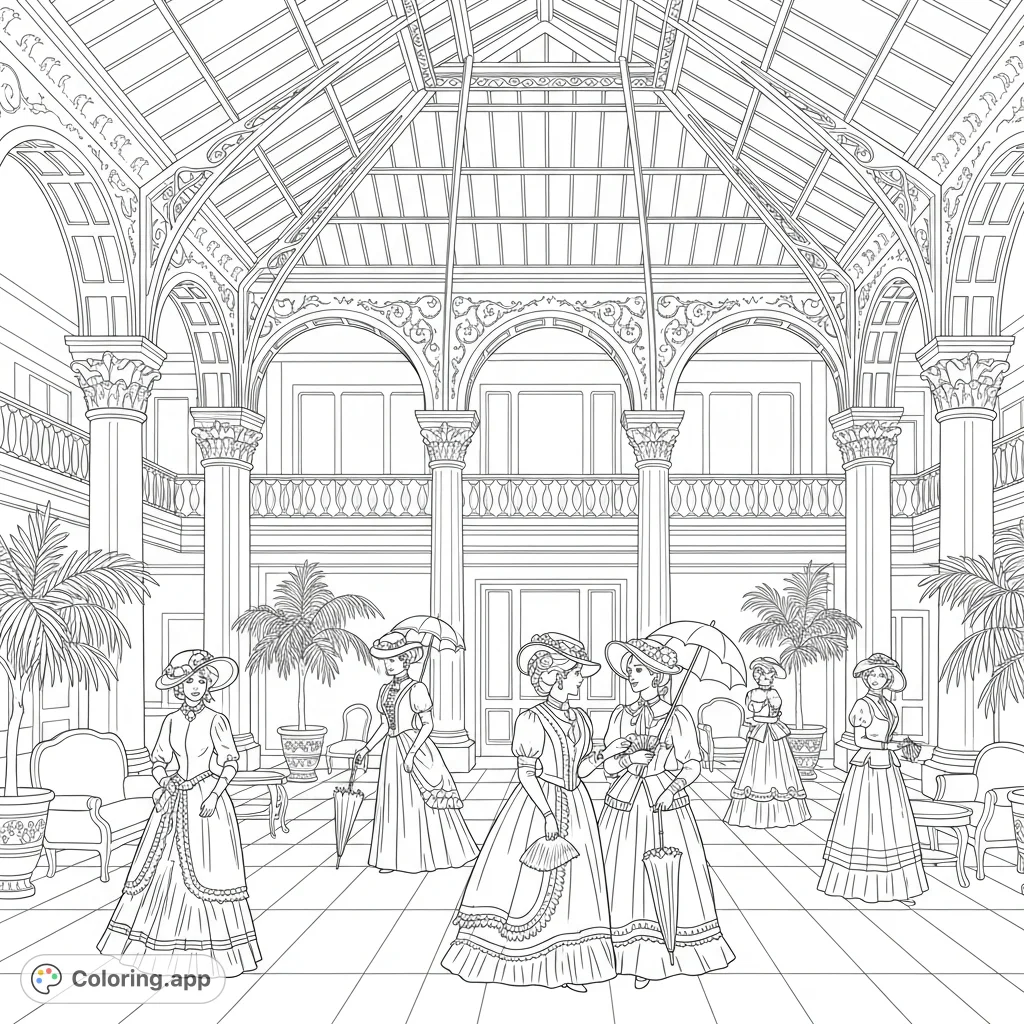 An elegant Victorian atrium scene with ladies in period attire, featuring grand architecture, lush plants, and a charming historical atmosphere for colorists.