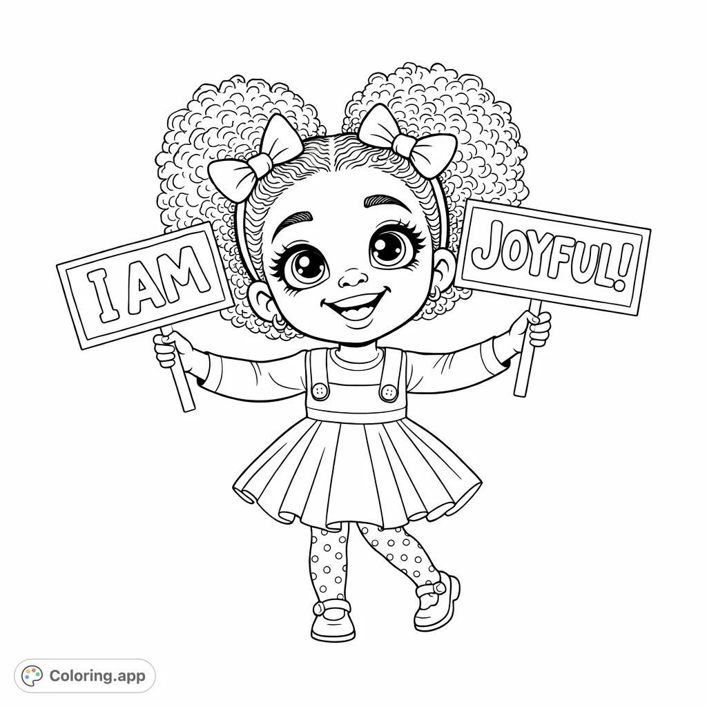 A sweet, joyful girl with big curly hair and a pleated dress holds affirmation signs, ready to inspire creativity. Perfect for positive messages!