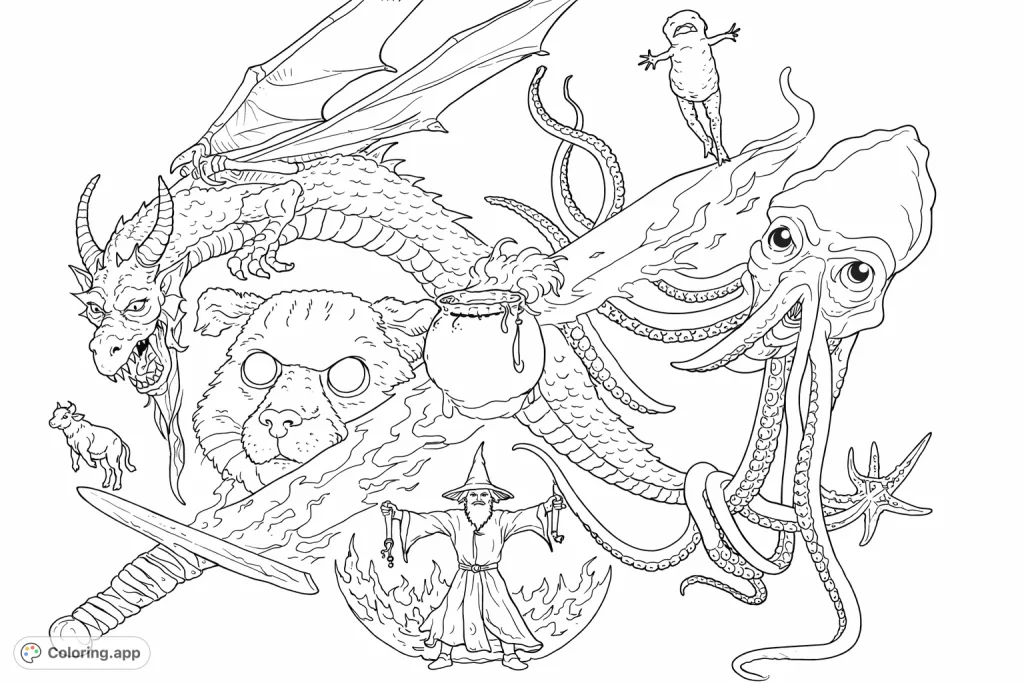 A dynamic fantasy coloring page featuring a majestic dragon, a powerful wizard, an enormous octopus, and various mystical creatures, creating an epic adventure scene.