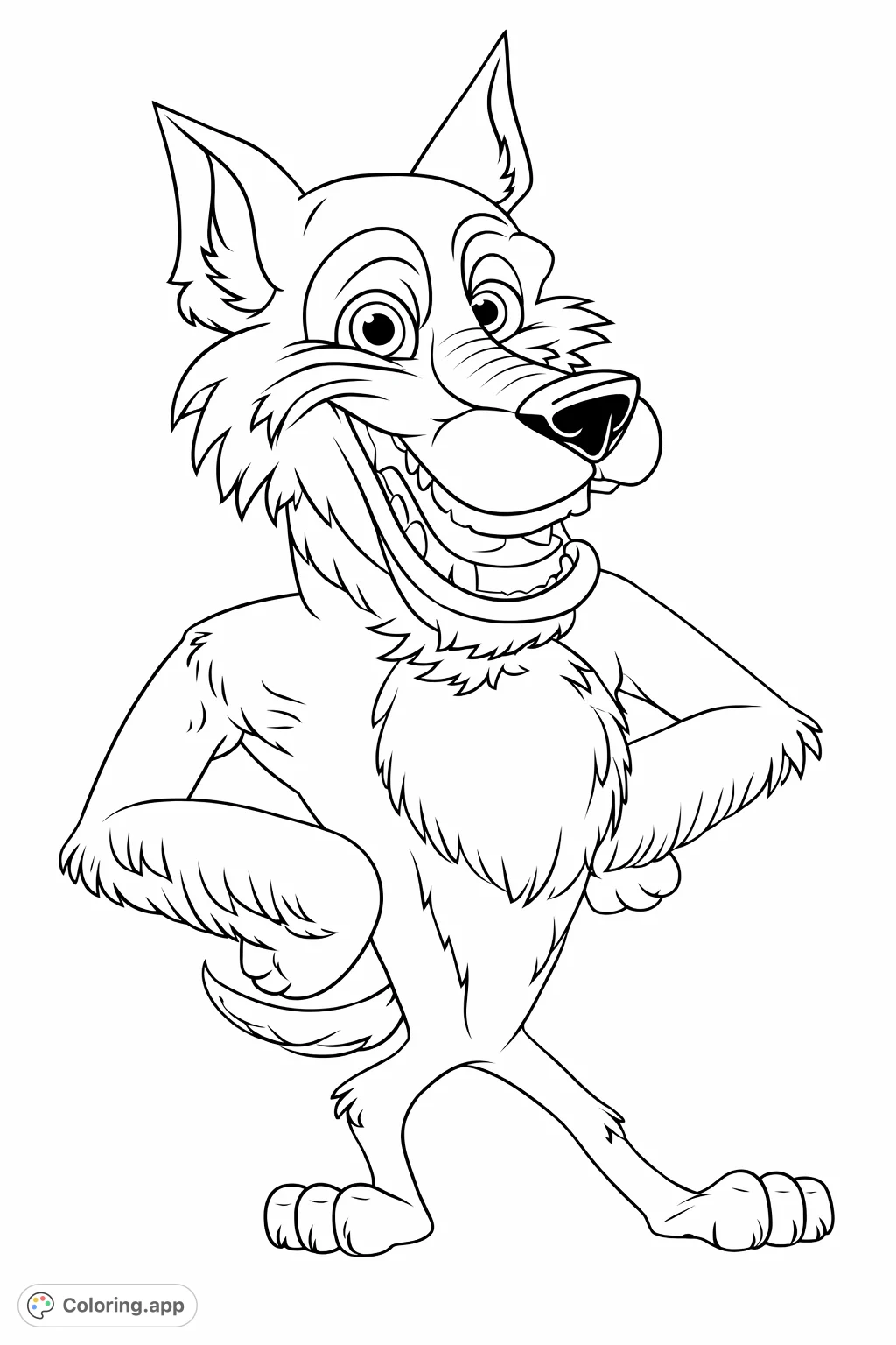 Color a cheerful cartoon wolf with a wide grin and a confident stance. Perfect for kids who love animals and fun characters.