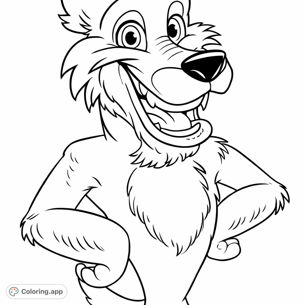 A cheerful cartoon wolf with a wide grin and expressive eyes, standing confidently with hands on hips, ready for a fun coloring adventure.