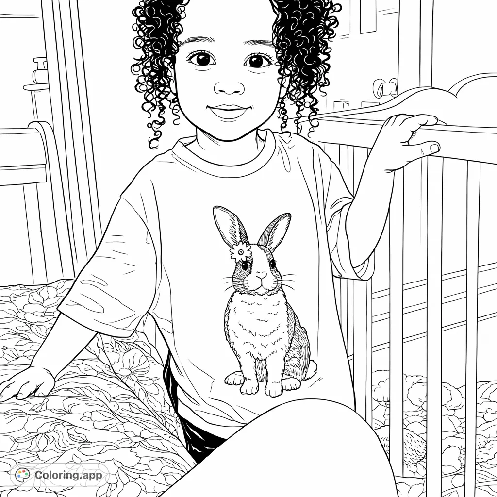 A delightful child with curly hair and a friendly smile, standing next to a crib, wearing a t-shirt featuring a charming bunny with a flower.