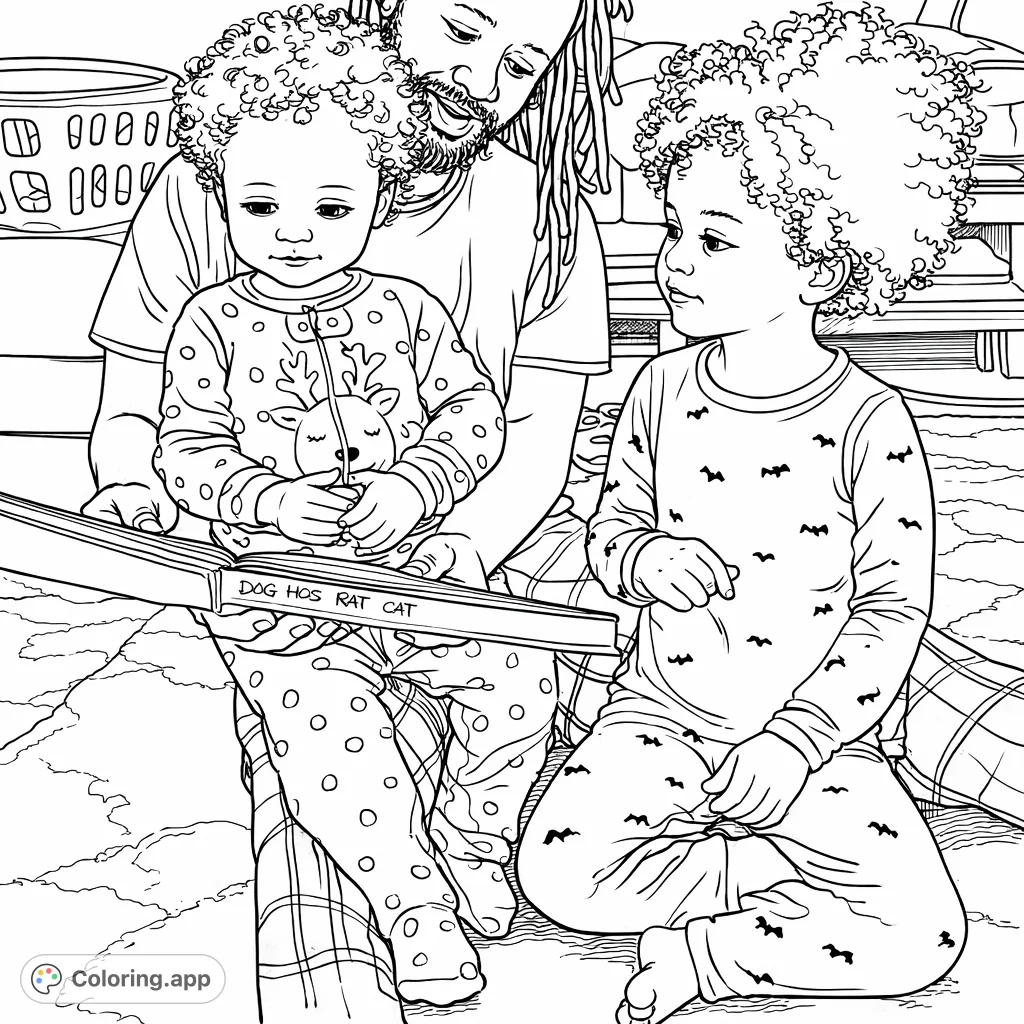 Join an adult and two children for a heartwarming storytime scene. Perfect for quiet moments, this coloring page features family, reading, and cozy pajamas.