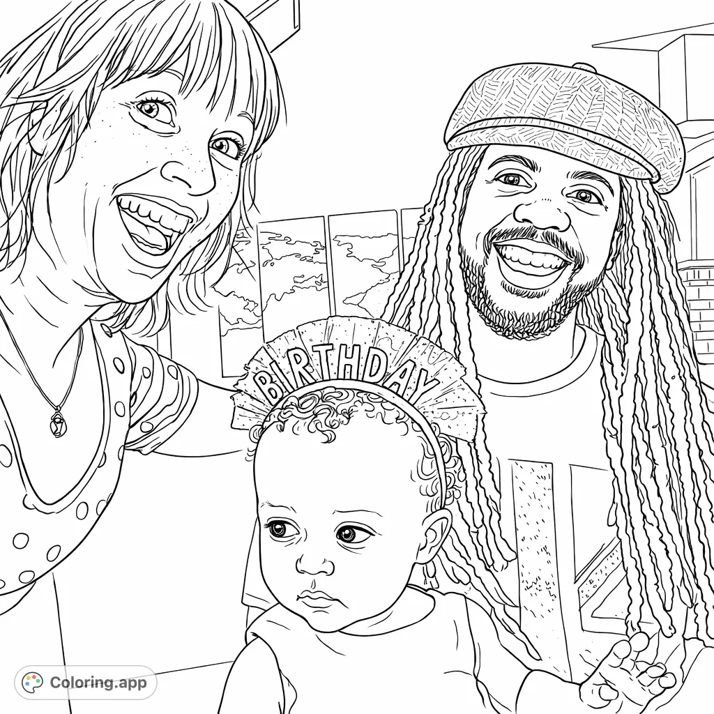 Capture a heartwarming family birthday scene with a smiling woman, a joyous man, and an adorable baby wearing a festive headband.