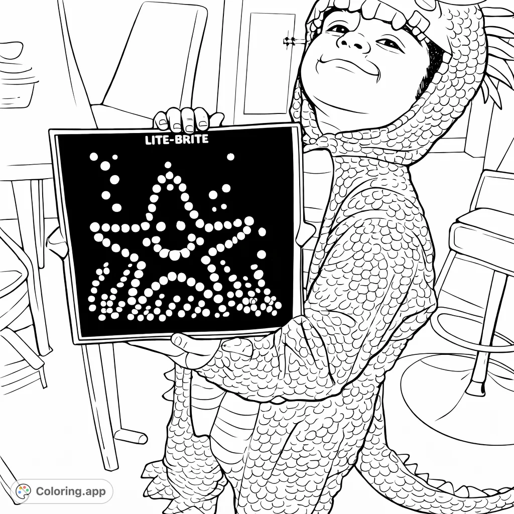 A joyful child in a fun dragon costume proudly displays a glowing star art on a drawing board, inspiring creativity and imaginative play.