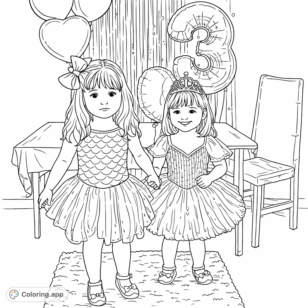Two adorable girls, one a mermaid princess and the other a ballerina, celebrate a special occasion with balloons and streamers. Perfect for imaginative coloring.