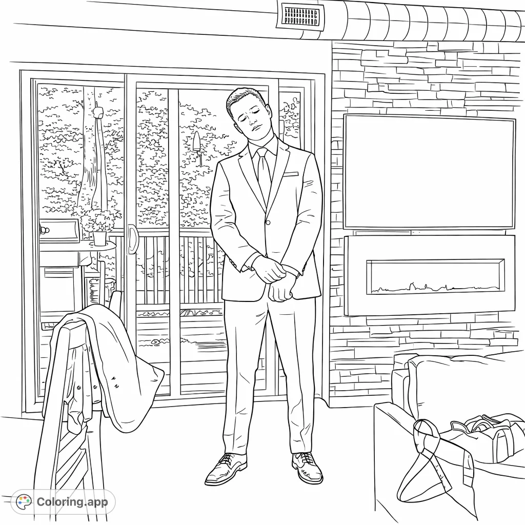 A distinguished man in a sharp suit adjusts his cuff, captured indoors with a view of an outdoor deck and a sophisticated interior setting. Perfect for adults.