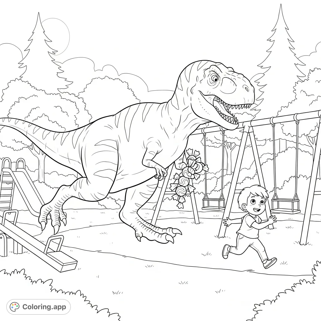Experience a thrilling night park adventure with a candy-clutching dinosaur chasing a child. A fun, free printable coloring page for all ages!