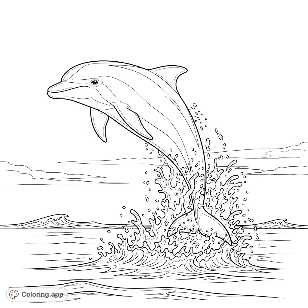 A majestic, graceful dolphin leaps from the ocean, captured mid-air with dynamic water splashes. This delightful scene offers a captivating and serene coloring experience.