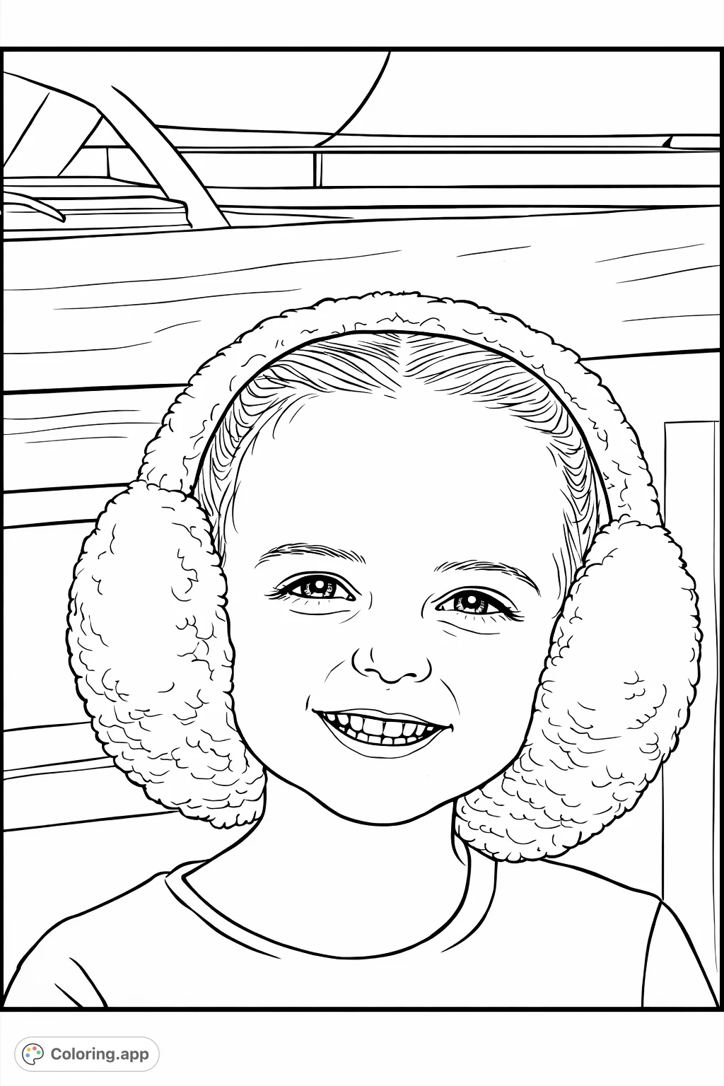 A heartwarming portrait of a smiling child wearing fluffy earmuffs, perfect for a cozy coloring experience. Explore textures and expressions.