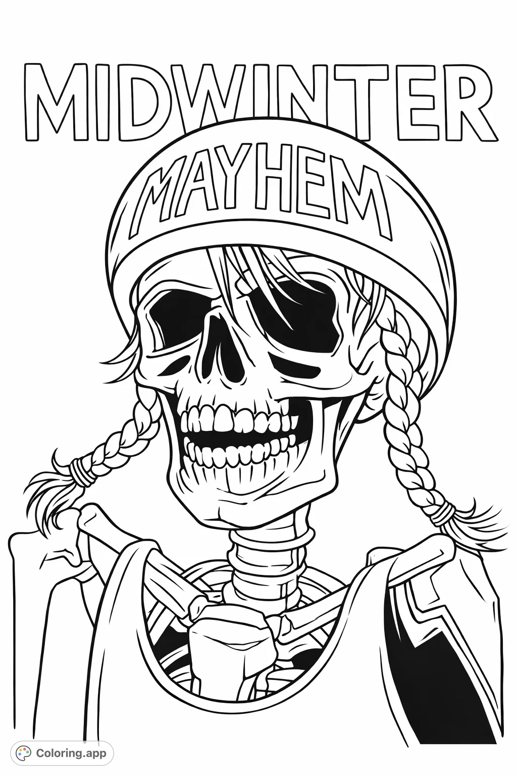 Unleash your creativity on this edgy skeleton wearing a helmet and braids, ready for some midwinter fun. A fun, printable challenge for all ages.