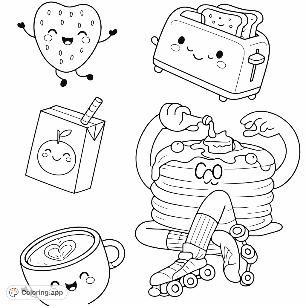 Delightful breakfast food characters: a happy strawberry, smiling toaster, juice box, pancake stack on skates, and a cheerful coffee mug. A cute, fun coloring adventure!
